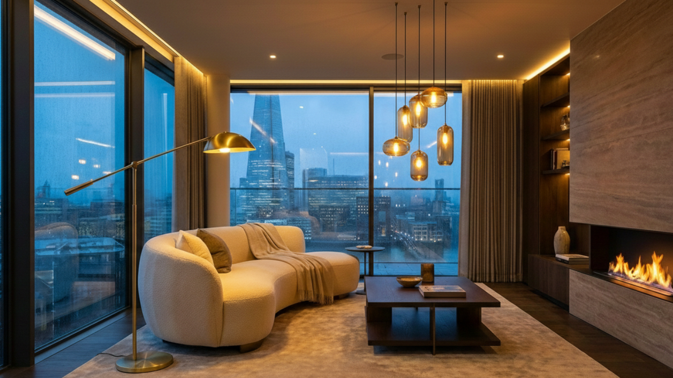 Modern living room with a cityscape view, featuring a sofa, coffee table, and decorative lights.